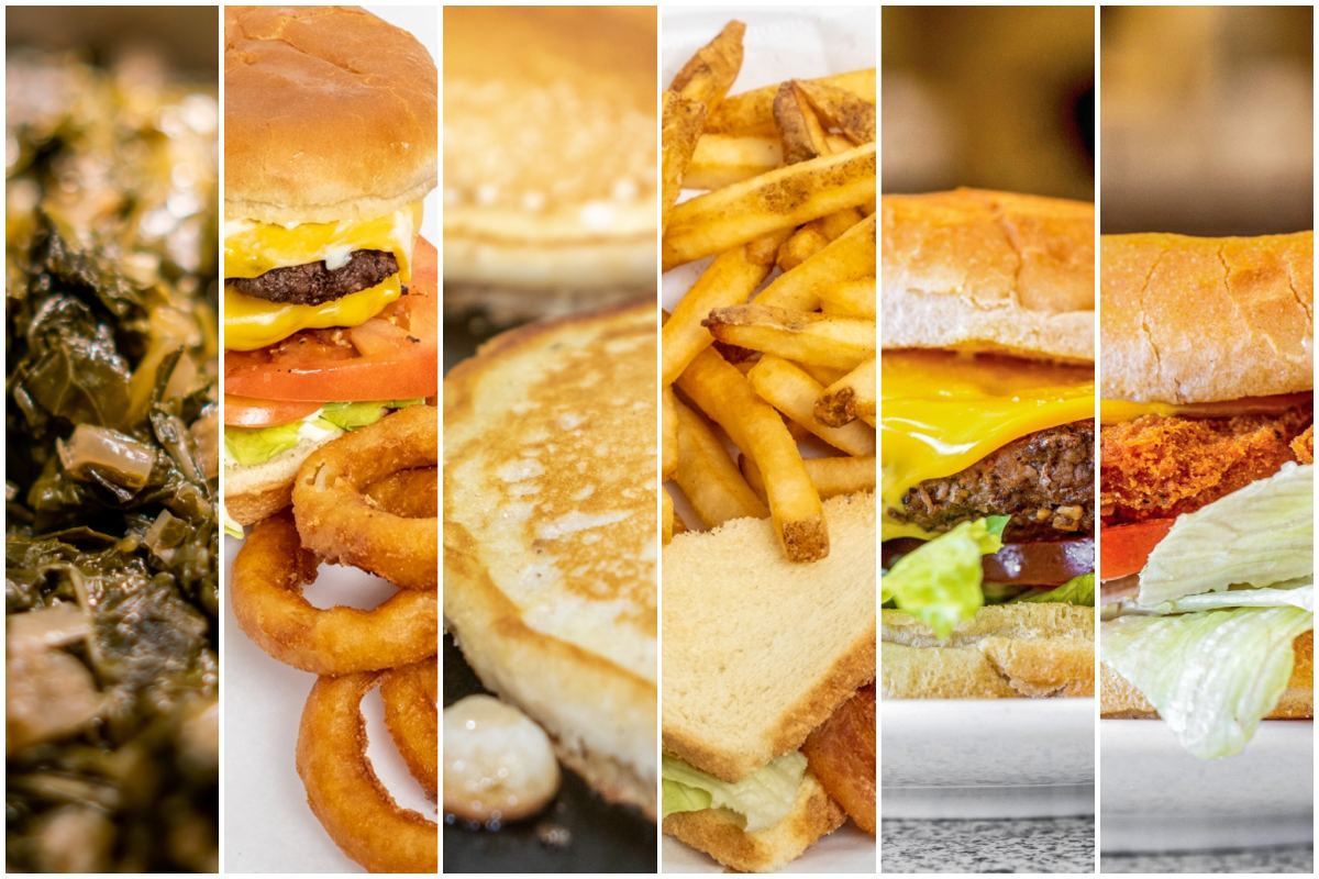 A collage of Wilton Grill dishes: collard greens, a bacon cheeseburger with onion rings, grilled cheese, fries, a cheeseburger and a sandwich